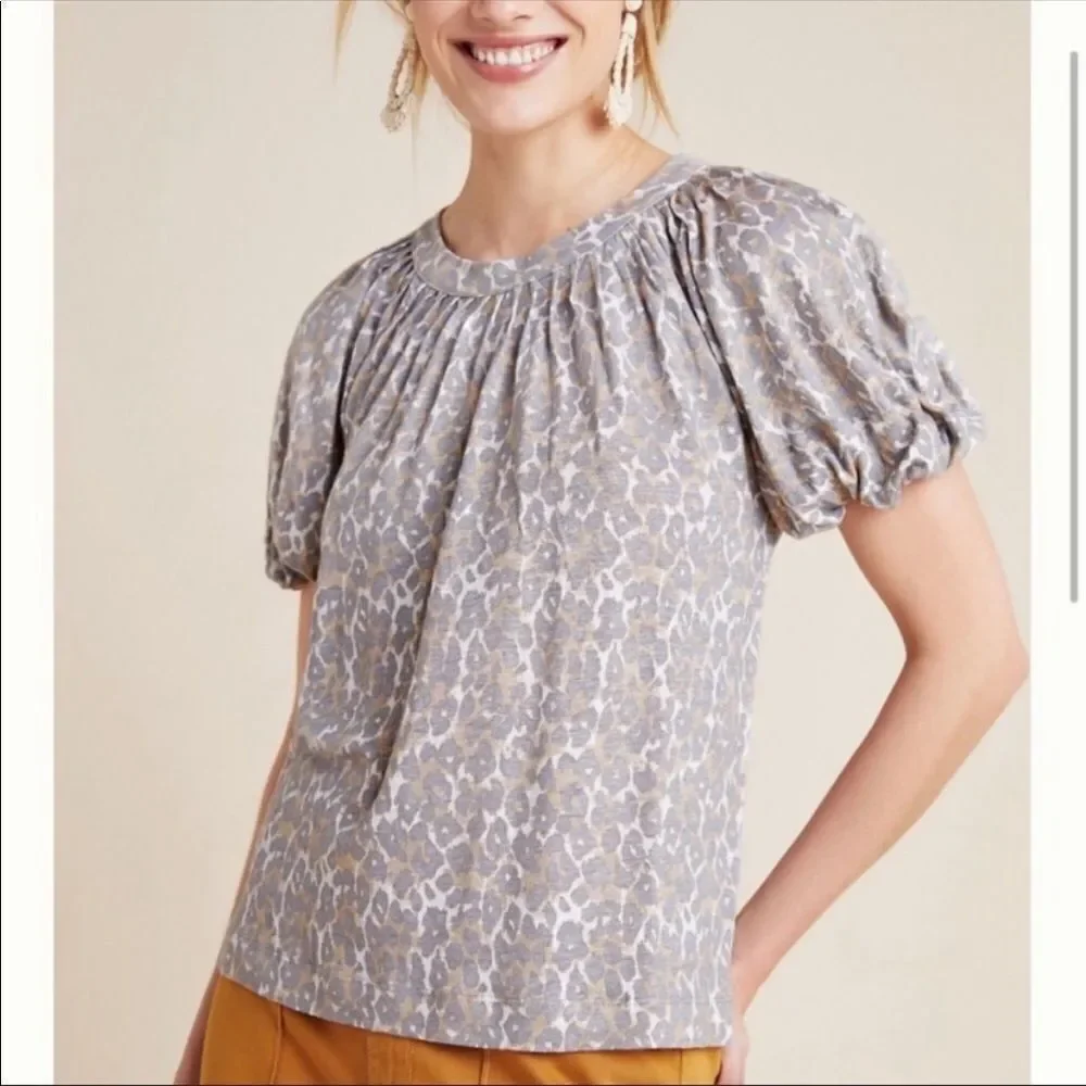 Anthropologie S Maeve Linen Puff Sleeve Leopard Top